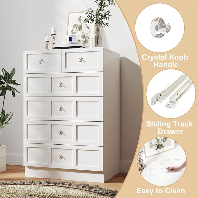 Wood Dressers for Bedroom: 24" Large White Dresser for Bedroom Deep 6 Drawers, Modern Chest of Drawers for Clothes, Fluted Double Wide Dresser with Handles