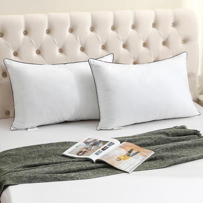 BPC Goose Feather Down Pillows Queen Size Set of 2, Luxury Hotel Bed Pillows, 100% Organic Cotton Cover, Soft Support Surround Fill Polyester, Medium Firm for Back, Stomach or Side Sleepers 20"x30"