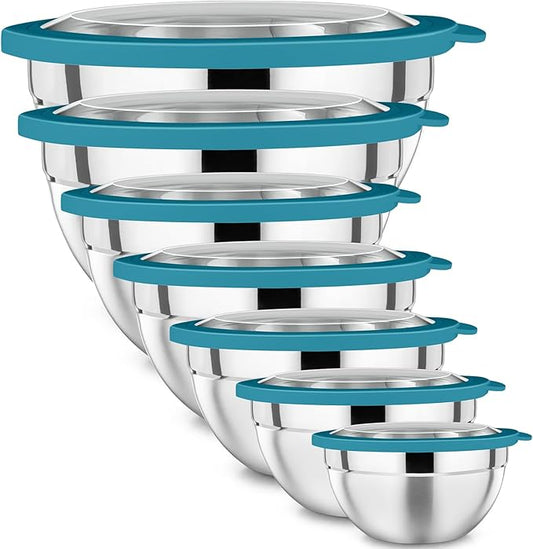 P&P CHEF Mixing Bowl with Lid Set of 7, Stainless Steel Nesting Salad Bowls for Cooking Serving Prepping, Clear Lids & Stackable Design, Size 4.6, 3.5, 3, 2, 1.5, 1, 0.7 Qt - Blue