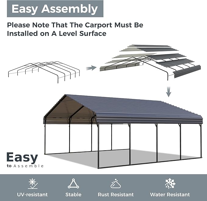 GREEN PARTY 20 x 20 ft Metal Carport Kits with Galvanized Steel Roof, Heavy Duty 2 Car Metal Carport Canopy, Outdoor Car Tent Metal Garage Shelter for Car, SUV, Truck and Boats, Gray