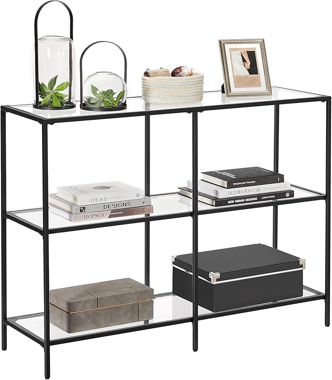 VASAGLE 39.4 Inch Console Table with 3 Shelves, Sofa Tables, Modern Entryway Table, Metal Frame, Tempered Glass Shelf, Entryway Living Room Bedroom, Classic Black and Transparent ULGT027B01