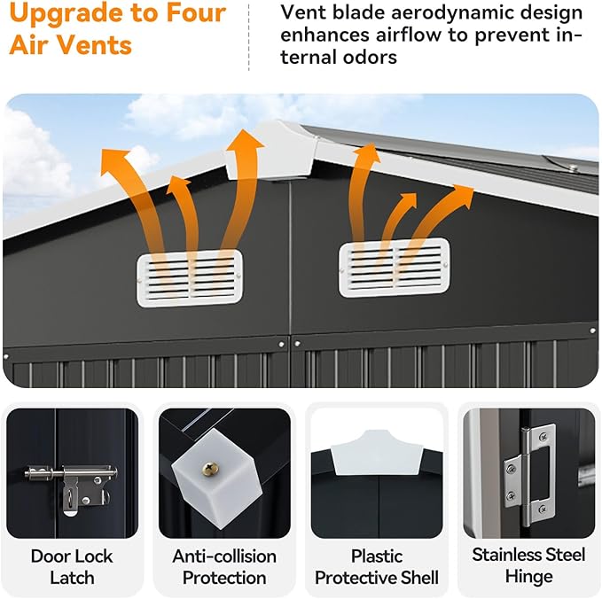 10x8 FT Metal Outdoor Storage Shed, Dual Doors with Lockable Bolts, Large Garden Shed for Yard Tools, Bike, Generator, Waterproof Galvanized Steel Panel with Vent & Sloping Roof