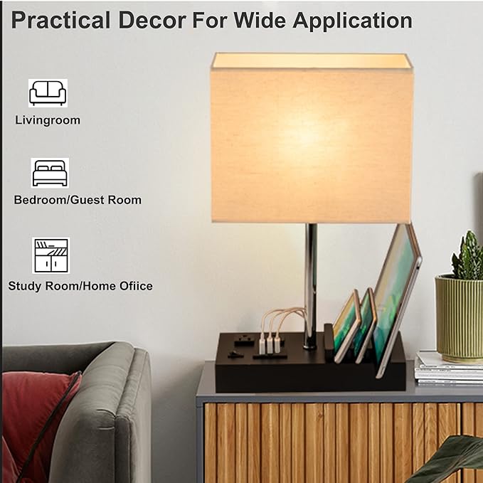 Briever Upgraded 3 USB Table Lamp with 2 USB A & C Charging Ports, Bedside Desk Lamp with 2 AC Outlets and Wooden Phone Stand Organizer, Ideal Nightstand Lamp for Bedroom, Guest Room, Office