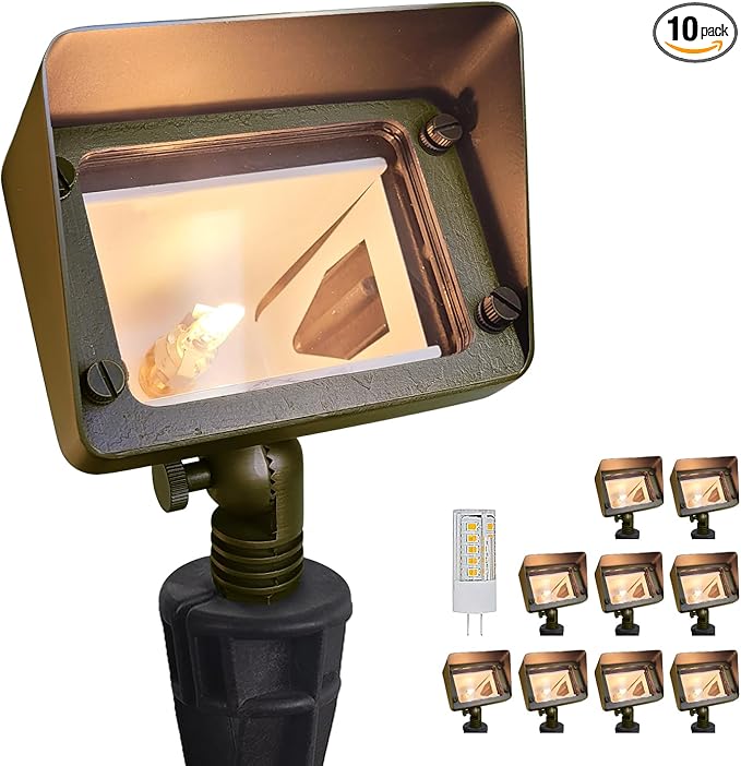 COLOER Brass Rectangular Flood Lights 10-Pack with 4W 2700K LED G4 Bulb, 12V Low Voltage Landscape Floodlights for Outside, Outdoor Wall Lights Illuminating Signs, Walls and Plant Material