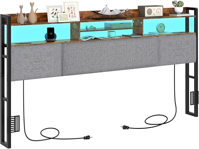 King Size Upholstered Headboard with 2 Outlets and LED Lights, King Bed Headboard with Charging Station & Storage Shelves, King Headboard Only, Height Adjustable, Easy Assembly, Brown