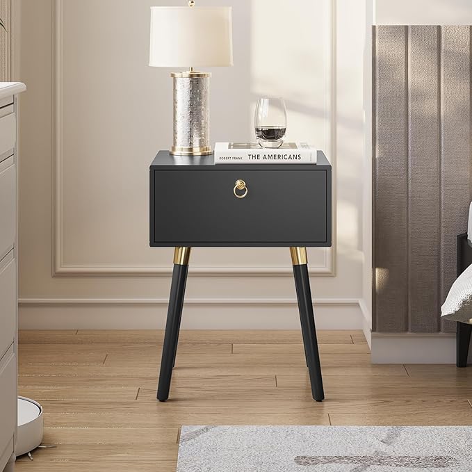 Bme Alden Wood Nightstand, Solid Wood End Table, Mid Century Modern Nightstand, Side Table with 1 Drawer, Compact for Bedroom, Living Room & Study Room, Easy Assembly, Black