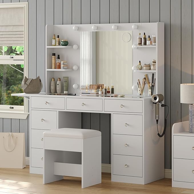 Vanity Desk & Power Outlet, Makeup Vanity with Mirror and 10 LED Lights, 3 Lighting Modes Brightness Adjustable, Makeup Table with 4 Shelves and Fold-up Panel, Vanity Set for Bedroom, White