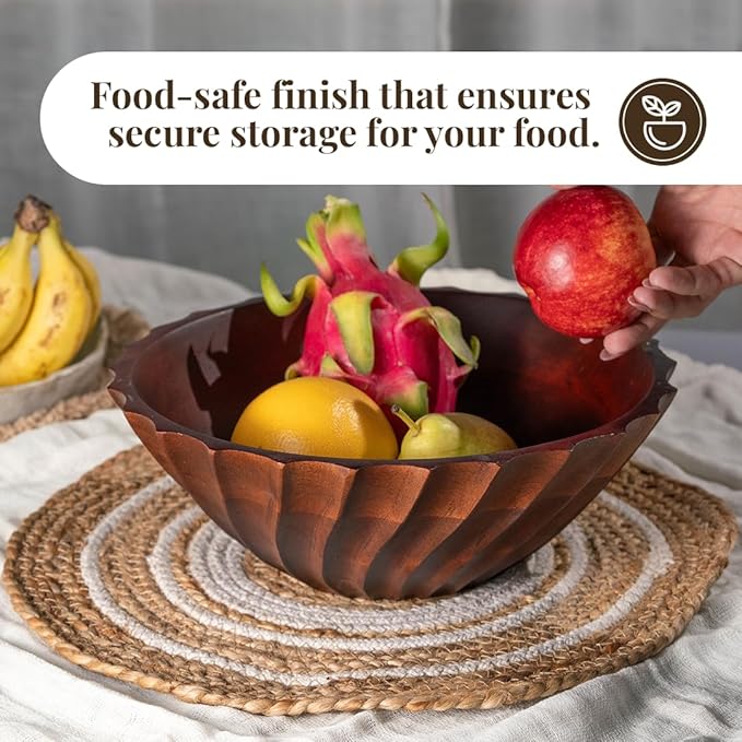 Folkulture Black Wave Salad Bowl | 11” Large Mango Wood Serving Bowl with Dual Ribbed Design | Modern Wooden Bowl for Salad, Fruit & Pasta | Kitchen Island & Dining Table Décor