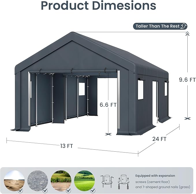 PHI VILLA 13'x24'x9.6' Outdoor Portable Storage Shelter Shed Garage with Roll up Zipper Doors & Vents Carport for Motorcycle Waterproof and UV Resistant Anti-Snow Portable Garage Kit Tent, Gray