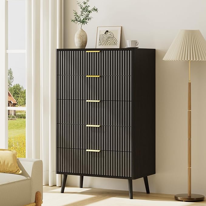 LYNSOM Fluted 5 Drawers Dresser, 45" Tall Modern Chest of Drawers with Curved Profile Design and Metal Handle, Wood Drawer Organizer for Bedroom, Living Room, Hallway, Entryway, Black