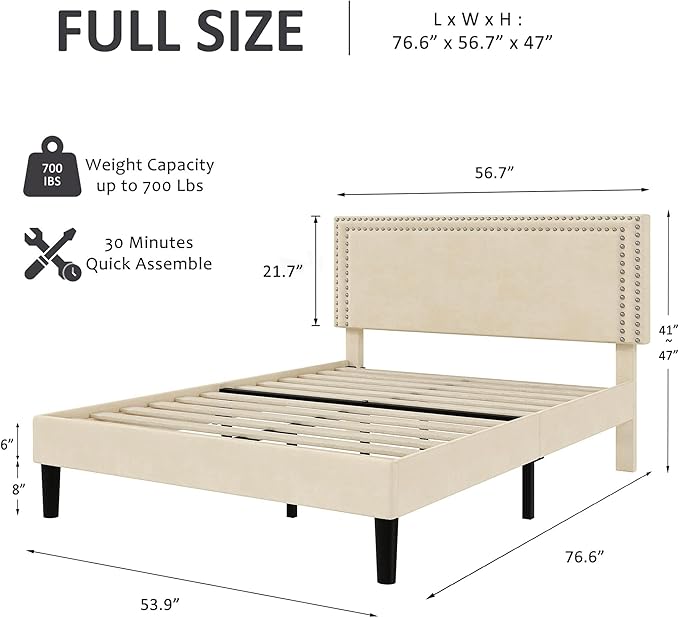 VECELO Full Size Bed Frame with Adjustable Upholstered Headboard, Wooden Slats Platform, Noise-Free Design, Easy Assembly