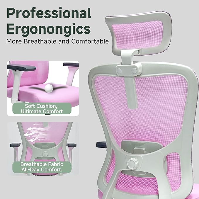 Ergonomic Office Chair - 350LB Mesh Office Chair with Adjustable Lumbar, High Back Computer Desk Chair with 3D Armrests, Comfy Chair with 2D Headrest & Tilt Function for Study, Work, Gaming