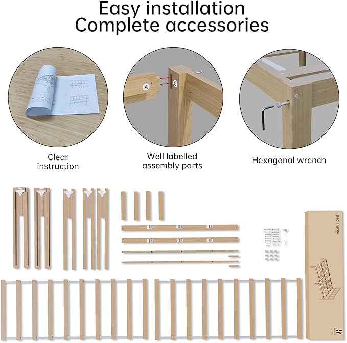 14 Inch Bamboo Bed Frame – Queen Size Solid Wood Platform Bed Frame, Strong and Stable, with Non-Slip Slats for Support, No Box Spring Needed, Easy to Assemble, Noise-Free (Natural, Queen)