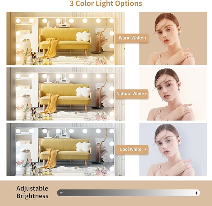 VOWNER Vanity with Lighted Mirror - Glass Top Makeup Vanity Desk with Lights and 11 Drawers, 3 Color Lighting Modes Adjustable Brightness, 46" Makeup Desk with Soft Cushioned Stool for Bedroom, White