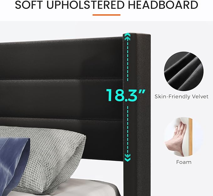 Casaottima Queen Bed Frame Upholstered Platform Bed with Wingback Headboard, Wooden Slats Support, Noise-Free Mattress Foundation, No Box Spring Needed, Easy Assembly, Horizontal Stripe Deep Black