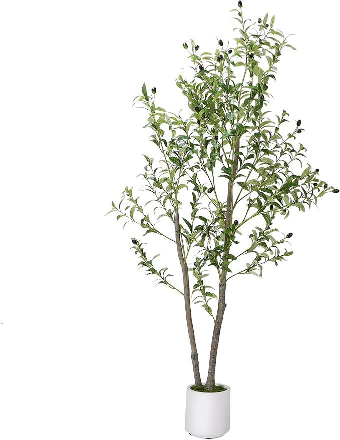 Artificial Olive Tree 5FT, Indoor Fake Silk Plant with Realistic Trunk, Leaves, Fruits and White Planter, Faux Potted Tree for Home Decor and Housewarming Gift, 1 Pack