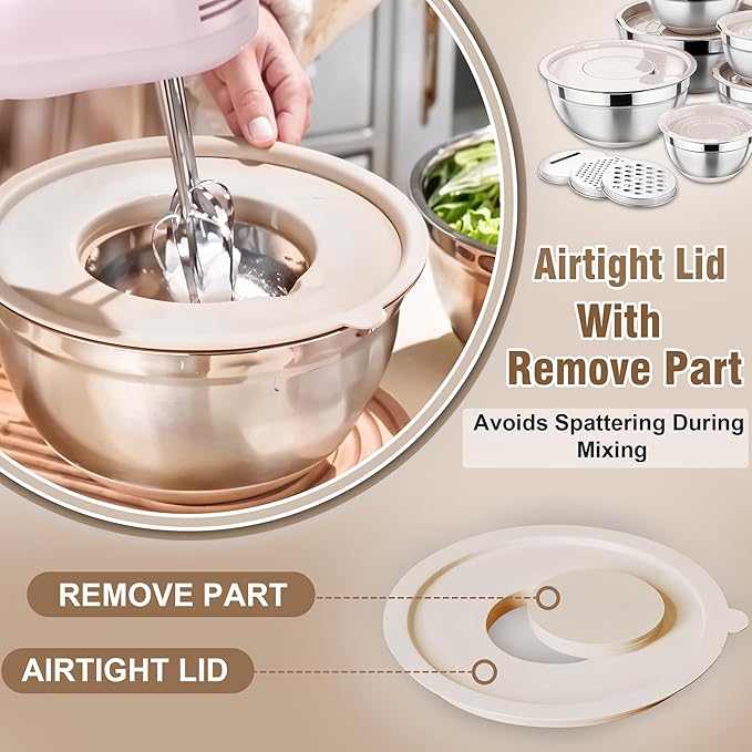 Mixing Bowls with Lids Set, 6PCS Stainless Steel Metal Bowls with 3 Grater Attachments, Measurement Marks & Colorful Non-Slip Bottoms, Size 7, 4, 3, 2, 1.5, 1QT, Great for Mixing & Serving (Khaki)