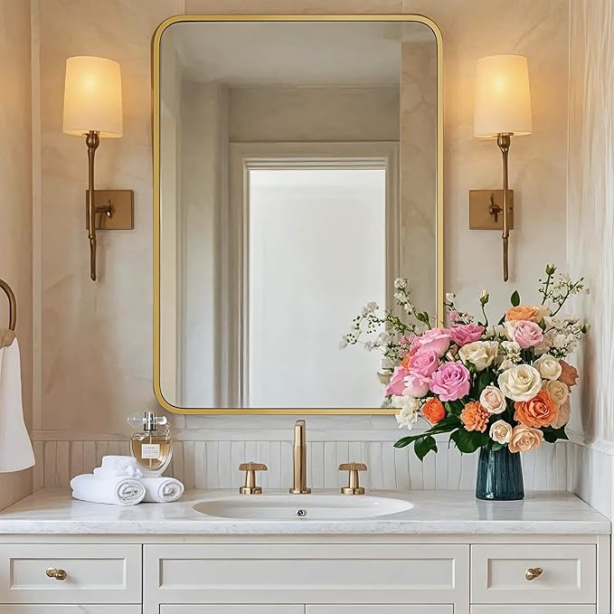 22"×30" Bathroom Mirror for Wall, Modern Bathroom Vanity Mirror, Gold Bathroom Mirrors for Over Sink with Metal Framed HD Tempered Glass Hangs Horizontally or Vertically