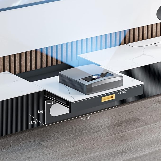 POVISON Fully-Assembled Modern TV Stand for Projector, Sintered Stone Entertainment Center with Storage for 85 inch TV, Wood TV Console, Media Console for Living Room Bedroom