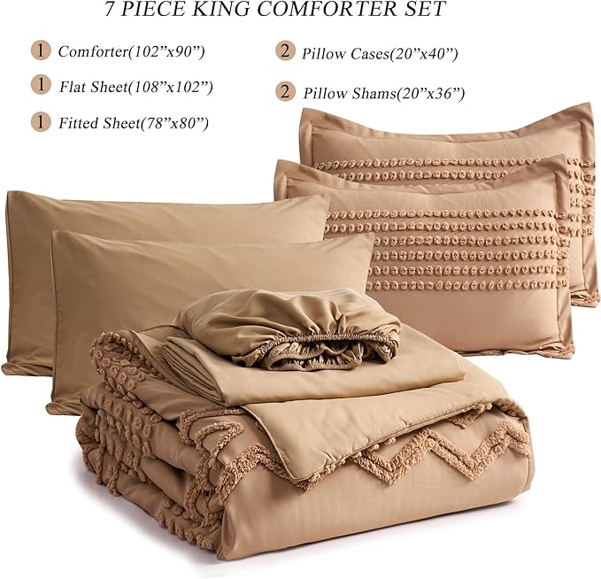 KAKIJUMN Khaki Tufted Comforter Set King Size 7 Piece Bed in a Bag, Shabby Chic Boho Comforter and Sheet Set, Pom Pom Textured Bed Set, All Season Soft Microfiber Complete Bedding Set(Khaki,King)