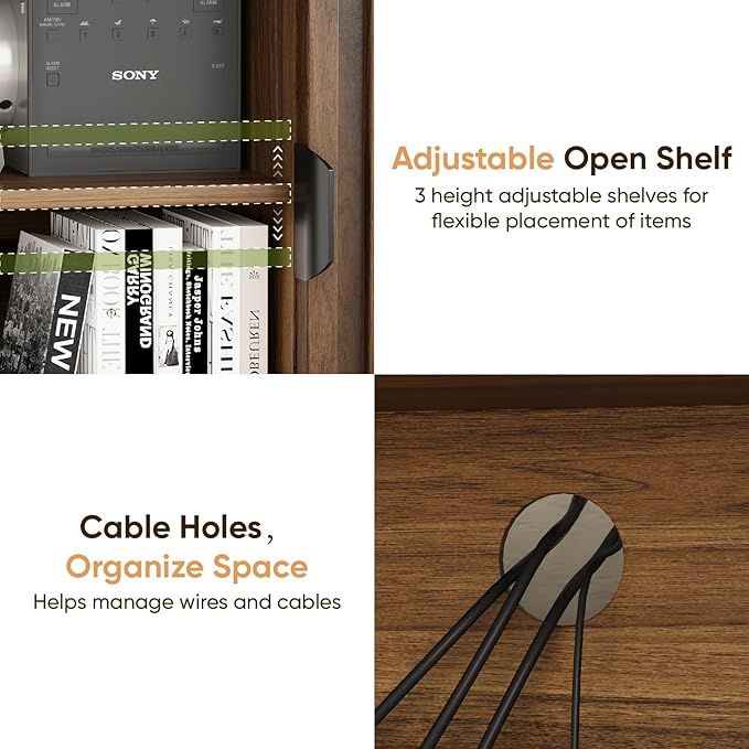 Walnut Fluted TV Stand for 55 Inch TV, Entertainment Center with Adjustable Shelf, 2 Cabinets, Mid Century Modern Media Console, Metal Feet, Cord Holes, for Living Room, Bedroom