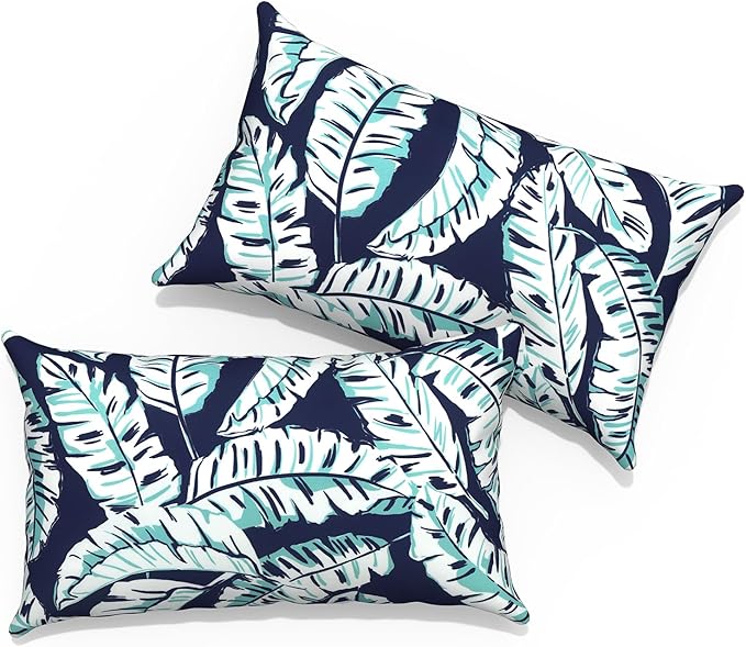 Outdoor Lumbar Pillows 12x20 inch, Rectangle Throw Pillows with Inserts, Decorative Lumbar Cushions for Patio Furniture Garden Couch Home Sofa Office Chair, Pack of 2, Baltic Palms White