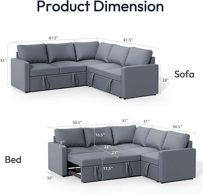 Sleeper Sofa Bed, Modular Sectional Couch with Pull Out Bed, L Shaped Sectional Convertible SofaBed with Storage Seat, for Living Room Apartment Bedroom Office Gray Linen