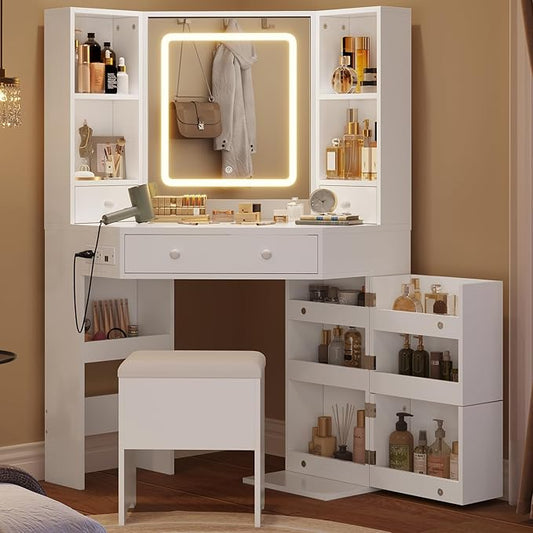 Vanity Desk with Mirror Lights, Storage Bench & Power Outlet, Corner Vanities with Rotating Cabinet & Drawers, 42.5" L Shaped Vanity Set, 3 Light Settings, for Women Girls, Modern White