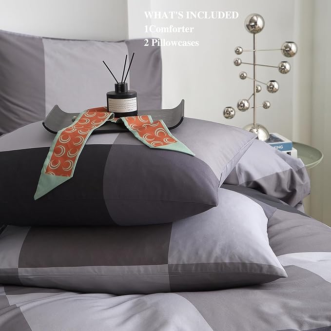 mixinni King Comforter Set Men Boys Geometric Checkered Plaid Printed Bedding Comforter for All Season Soft Lightweight Bedding Set-(King Size, Grey,Black)