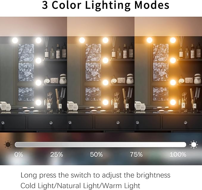 9 Drawers Vanity Desk & Power Outlet, Makeup Vanity with Mirror and 10 LED Lights, 3 Lighting Modes Brightness Adjustable, Makeup Table with 4 Shelves and Fold-up Panel, Vanity Set for Bedroom, Black