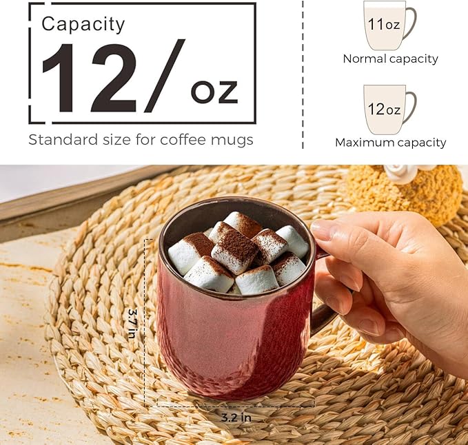 LERATIO 12OZ Ceramic Coffee Mugs Set of 6, Large Porcelain Coffee Cups With Large Handle For Latte,Cappuccino,Milk,Cocoa,|Dishwasher&Microwave Safe Mug Sets,Ideal for Man,Woman,Dad, Mom-Red