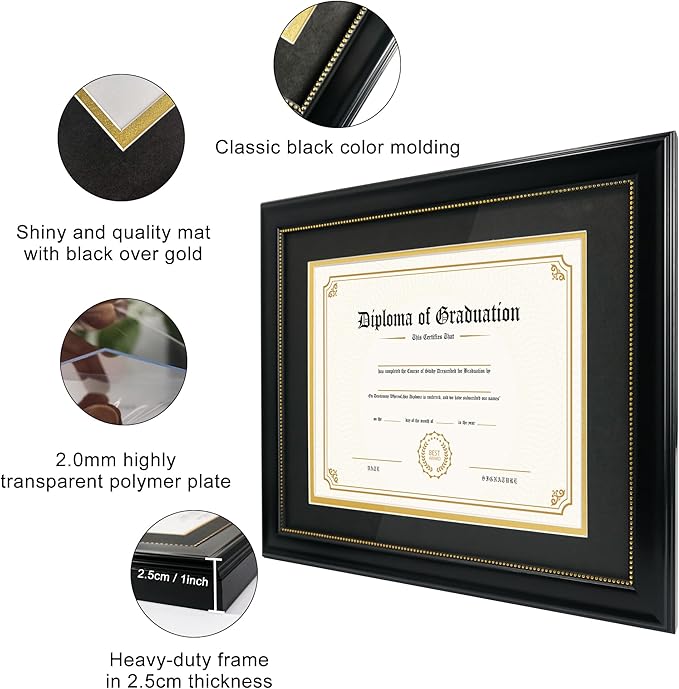 GraduatePro 8.5x11 Diploma Frame with Black Over Gold Mat or Display 11x14 Document Without Mat, CPA License Frame, UV Protection Acrylic, Black with Gold Beads