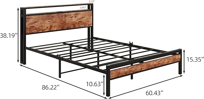 Queen Bed Frame with Storage Headboard/Charging Station,Metal Queen Size Bed Frame with Power Outlets/USB Ports No Box Spring Needed,Under Bed Storage,Easy Assembly,Rustic Brown