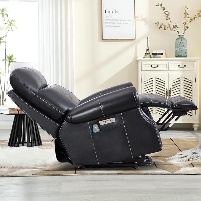 Phoenix Home Genuine Leather Power Lift Recliner Chair for Elderly with Massage and Heating, Electric Recliner for Seniors with Extended Footrest, Type-C and USB Port, Side Pocket, Black