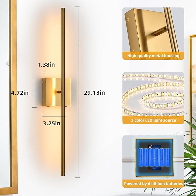 Battery Operated Wall Sconces set of 2, 16000mAh Brushed Gold Rechargeable Wall Sconce with Remote Control, 3000K-6000K Dimmable LED Wireless Wall Light for Living Room Hallway Bedroom Stairs 29 Inchs
