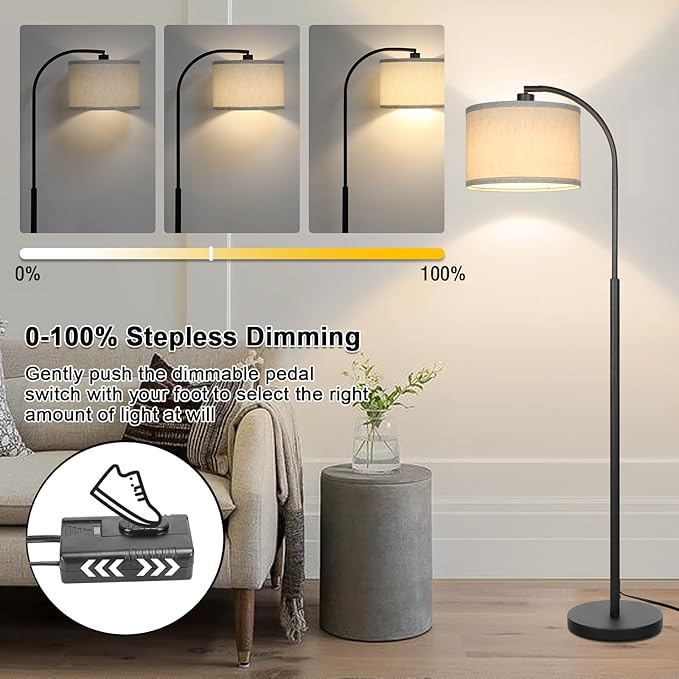 Boncoo Modern Floor Lamp for Living Room, Arc Floor Lamp with Adjustable Hanging Shade, Black Light with Pedal Switch for Bedroom Study Room, 9W 3000K LED Bulb Included