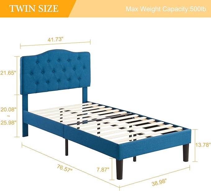 VECELO Twin Size Platform Bed Frame with Fabric Upholstered Headboard and Wooden Slats Support, No Box Spring Needed/Easy Assembly,Blue