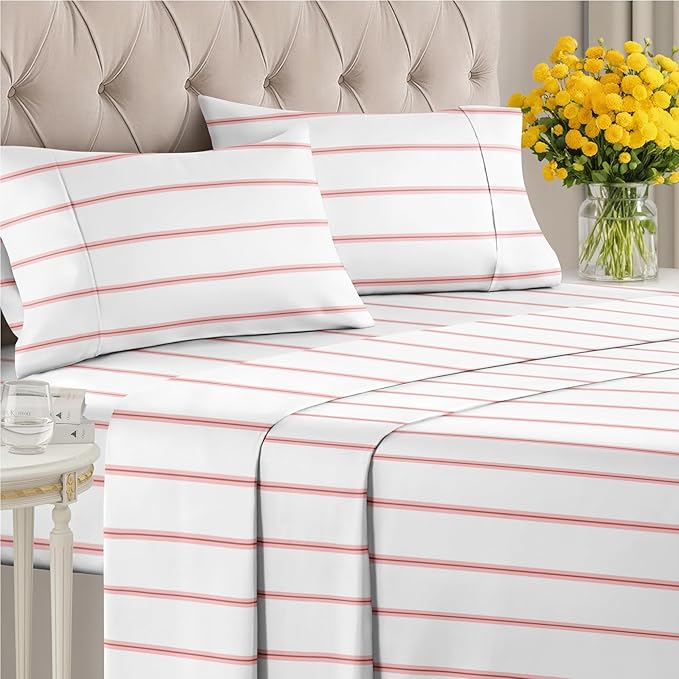 Striped Sheets - Red & White Striped Sheets - 1 Flat & 1 Fitted & 2 Pillowcases w/ Deep Pockets – Wrinkle & Fade Free - Ultra-Soft, Breathable & Cooling – Luxury Pinstripe Bedding - King Size Bed Set
