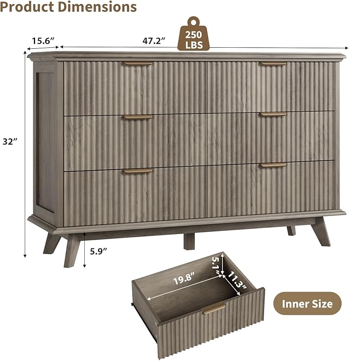 QUW Fluted Dresser for Bedroom with 6 Drawers, 47.2" Wide Modern Chest of Drawers with Metal Handle, Wooden Dresser TV Stand and Closet Clothes Storage Organizer for Living Room, Hallway, Grey