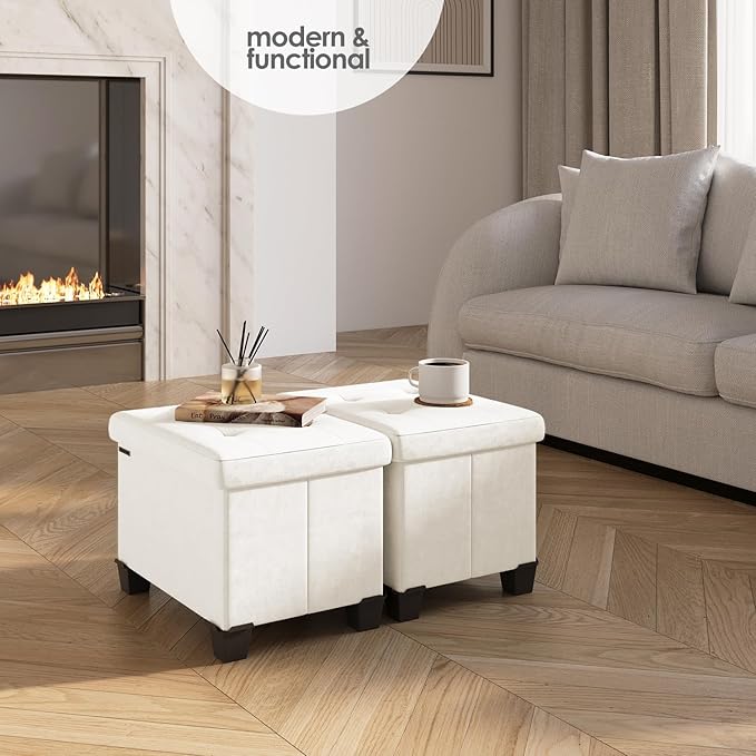 STORAGEBUD Storage Ottoman Cube with Small Bin, 16-in Square Ottoman with Storage for Living Room and Bedroom, Small Ottomans Foot Rest, Velvet Foot Stools Ottomans Max 330lbs, Cream