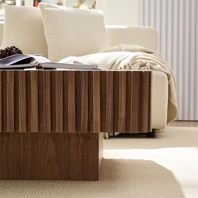 Square Coffee Table for Living Room, Accent Fluted Coffee Table with Storage, Modern Solid Wood Veneered Large Center Tea Table for Small Space Apartment (35.4''D×16''H-Walnut)