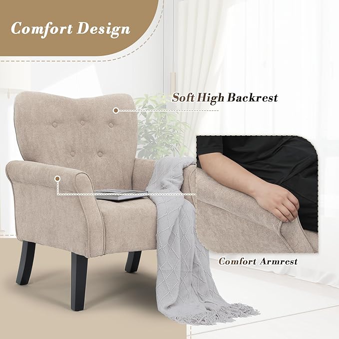 Athena Collection Mid Century Accent Chair, Upholstered Modern Comfy Armchair Single Sofa, Elegant Vanity Chair Reading Chair with High Back and Solid Wood Legs for Bedroom Living Room Office, Beige