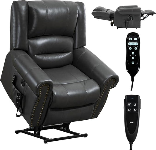 Dual Motor Power Lift Chair, Lay Flat Recliner Chair, Electric Recliner with Massage and Heat for Elderly, Remote Control, Infinite Position, Standing Assistance, USB Ports,Faux Leather, Grey