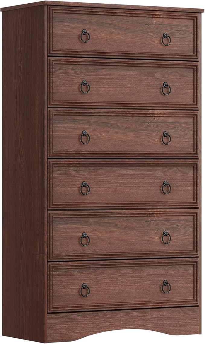 Cherry Wood Dresser 52" Tall for Bedroom, Wood 6 Chest Drawers, 6 Drawer Dresser, Storage for Clothes, Narrow Large Drawers, Vintage, for Living Room, Bedroom, Hallway
