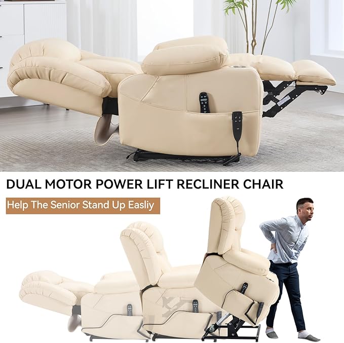 Electric Lay Flat Recliner Chair with Vibration Massage Heat for Elderly People, Power Lift Chair with Dual Motor Cup Holders, Faux Leather Beige