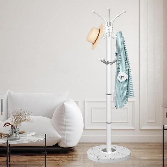ZOZOE Metal Coat Rack Stand, Modern Coat Rack Freestanding with Natural Marble Base, 360° Rotary Design Coat Racks with 14 Hooks,White Coat Tree Hanger Stand for Bags,Hats,Entryway,Office