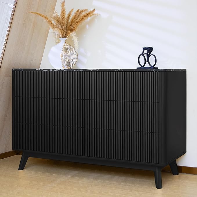 Fluted 6 Drawers Dresser for Bedroom,52" Wide Handleless Chest of Drawers with Faux Marble Top, Wooden Dresser TV Stand, Wood Drawer Organizer for Living Room, Hallway, Black