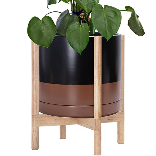 D'vine Dev Ceramic Planter with Natural Stand - 14 Inch Modern Round Flower Pot with Wood Planter Holder, Black/Speckled Tan, 55-B-R-7