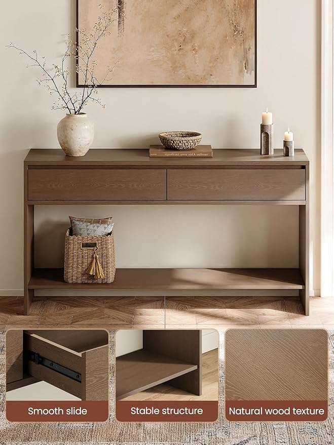 Solid Wood Console Table with Storage Drawers, 55" Sofa Table with Open Shelf, Behind Couch Table Entryway Table for Living Room, Hallway, Entrance, Foyer
