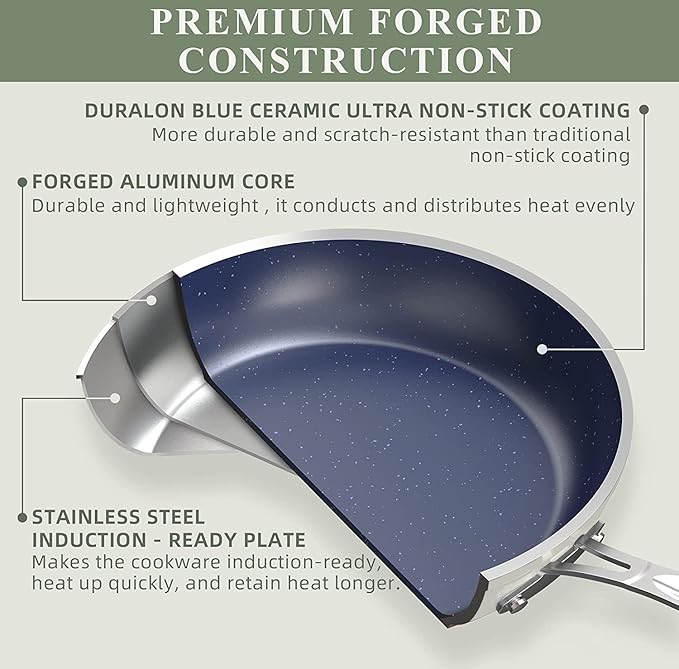 Nuwave Healthy Duralon Blue Ceramic Nonstick Coated 9pc Cookware Set, Scratch-Resistant Diamond Infused, PFAS Free, Induction Ready & Evenly Heats, Oven Safe, Tempered Glass Lids